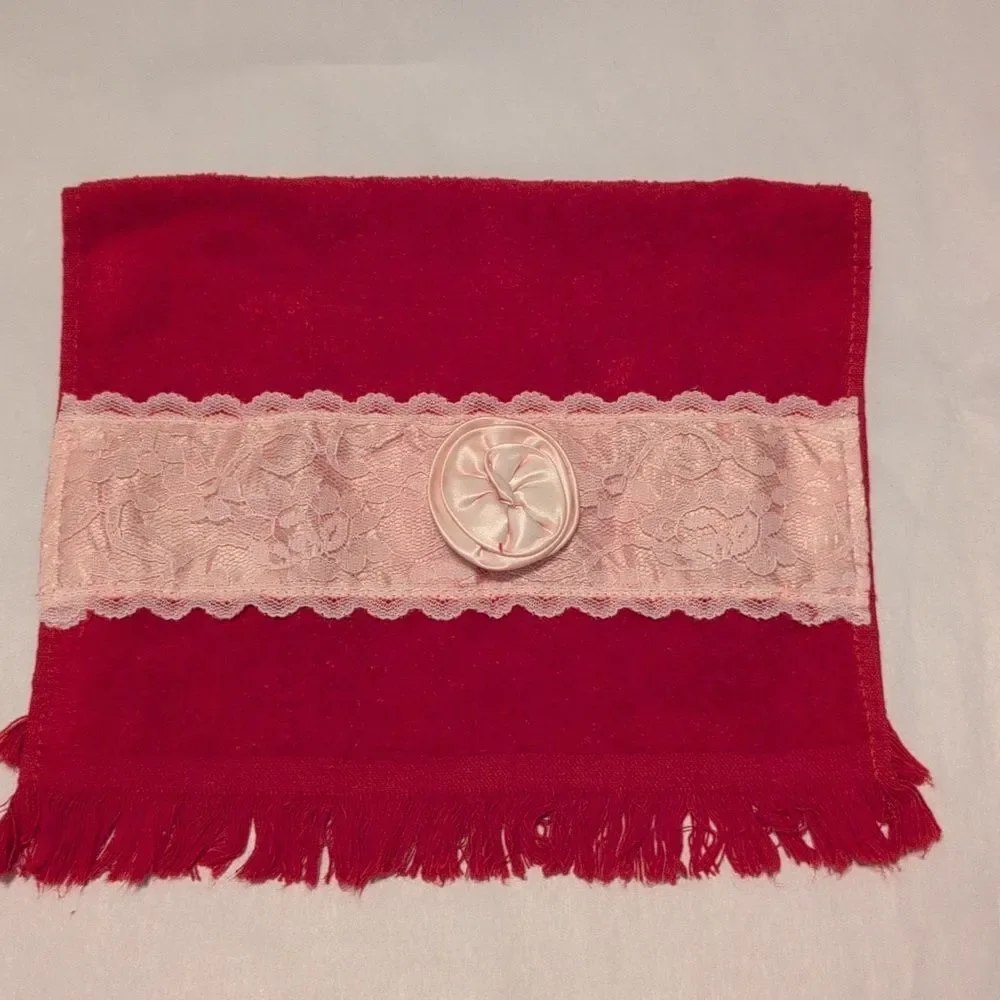 Vintage Cannon Red Cotton Hand Towel with Pink Lace Trim And Satin Rossette